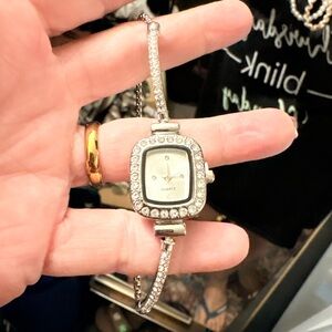 Crystal-Trim Silver Women's Quartz Bracelet Watch